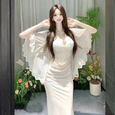 批发实拍江南美人绝美高级感温柔纯欲性感飘带连肩袖设计感礼服显瘦<b class='q'>裙</b>