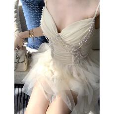 批发漂亮女孩温柔风重工钉珠网纱吊带不规则收腰公主<b class='q'>礼服</b><b class='q'>裙</b>