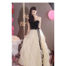 批发拼接抹胸晚礼服女名媛宴会网纱轻奢小众生日高级感主持人长<b class='q'>裙</b><b class='q'>毕业</b>