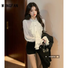 批发2025年春季新款女<b class='q'>装</b>镶钻杏白色<b class='q'>衬衫</b>雪纺荷叶边上衣高腰短<b class='q'>裤</b>两件套