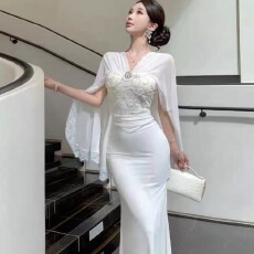 批发江南美人绝美高级感温柔纯欲性感飘带连肩袖设计感<b class='q'>礼服</b>显瘦裙