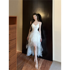 批发新款轻奢重工高级不规则礼裙网纱性感吊带连衣裙