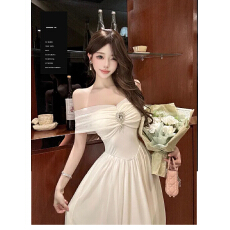 批发白月光仙女裙露肩生日宴会礼服<b class='q'>长裙</b>子纯欲网纱抹胸大摆连衣裙