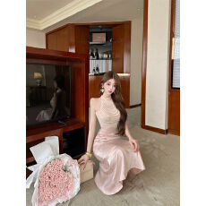 批发超仙气质粉色挂脖式珍珠长款礼服<b class='q'>裙</b>小立领网纱拼接收腰A字连衣<b class='q'>裙</b>