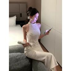 批发超仙气质粉色挂脖式珍珠长款礼服裙小<b class='q'>立领</b>网纱拼接收腰A字连衣裙