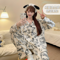 果子狸 冬季加厚开衫翻领卡通法兰绒睡衣女长袖长裤家居服套装