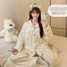 果子狸 冬季加厚开衫翻领卡通法兰绒睡衣女长袖长裤家居服套装