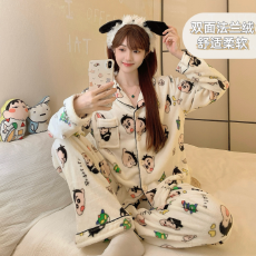 果子狸 冬季加厚开衫翻领卡通法兰绒睡衣女长袖长裤家居服套装