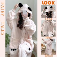 果子狸 果子狸 冬季加厚开衫翻领卡通法兰绒睡衣女家居服套装