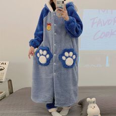 果子狸 新款中长款连帽睡袍女可爱甜美卡通长毛绒袍套家居服