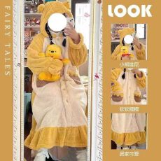 果子狸 新款中长款连帽睡袍女可爱甜美卡通长毛绒袍套家居服