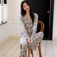 果子狸 春季新款冰丝螺纹开衫睡衣女可爱甜美舒适双长家居服