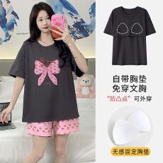 批发果子狸 夏季圆领套头<b class='q'>睡衣</b>女可爱甜美舒适仿棉带胸垫家居服