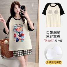 批发果子狸 夏季圆领套头<b class='q'>睡衣</b>女可爱甜美舒适仿棉带胸垫家居服