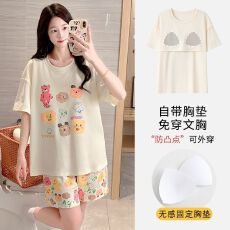 批发果子狸 夏季圆领套头<b class='q'>睡衣</b>女可爱甜美舒适仿棉带胸垫家居服