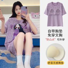 批发果子狸 夏季圆领套头<b class='q'>睡衣</b>女可爱甜美舒适仿棉带胸垫家居服