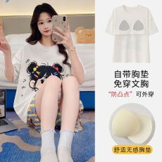 批发果子狸 夏季圆领套头<b class='q'>睡衣</b>女可爱甜美舒适仿棉带胸垫家居服