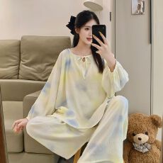 果子狸 长袖长裤套头薄款睡衣女简约舒适云朵棉家居服套装
