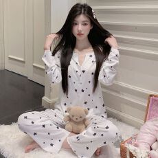 果子狸 春季新款冰丝螺纹开衫睡衣女可爱甜美舒适双长家居服