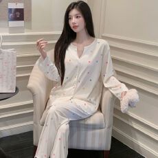 果子狸 春季新款冰丝螺纹开衫睡衣女可爱甜美舒适双长家居服