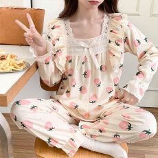 果子狸 春季方领花边套头睡衣女可爱甜美舒适泡泡皱布家居服