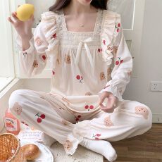 果子狸 春季方领花边套头睡衣女可爱甜美舒适泡泡皱布家居服