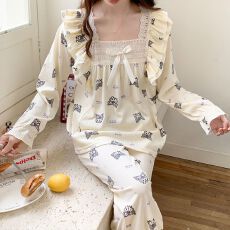 批发果子狸 春季方领花边套头<b class='q'>睡衣</b>女可爱甜美舒适泡泡皱布家居服