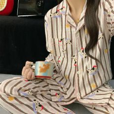 果子狸 大码睡衣女卡通条纹小狗家居服春套装