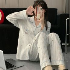 果子狸 奶蓝条纹派对小狗大码睡衣女家居服春