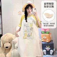 果子狸 夏季带胸垫中长款睡裙女简约舒适短袖拉架仿棉家居服