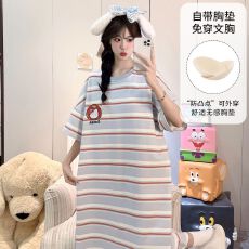 果子狸 夏季带胸垫中长款睡裙女简约舒适短袖拉架仿棉家居服