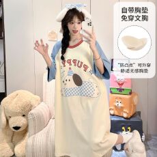 果子狸 夏季带胸垫中长款睡裙女简约舒适短袖拉架仿棉家居服