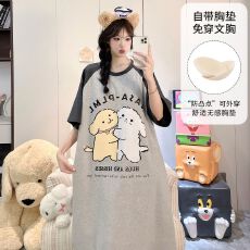 果子狸 夏季带胸垫中长款睡裙女简约舒适短袖拉架仿棉家居服