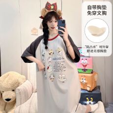 果子狸 夏季带胸垫中长款睡裙女简约舒适短袖拉架仿棉家居服
