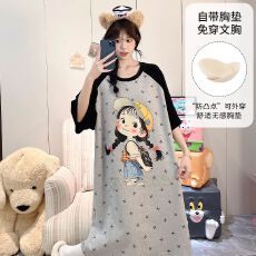 果子狸 夏季带胸垫中长款睡裙女简约舒适短袖拉架仿棉家居服