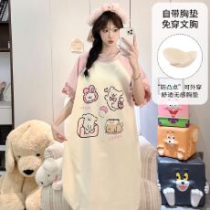 果子狸 夏季带胸垫中长款睡裙女简约舒适短袖拉架仿棉家居服