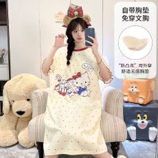 果子狸 夏季带胸垫中长款睡裙女简约舒适短袖拉架仿棉家居服
