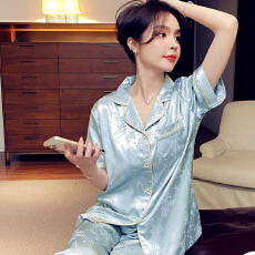 批发果子狸 夏季冰丝<b class='q'>睡衣</b>女开衫休闲高端提花仿<b class='q'>真丝</b>女士短袖长裤家居