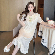 批发果子狸 6535提花<b class='q'>睡衣</b>公主风短袖花边中长睡裙加肥<b class='q'>大码</b>260斤家居服