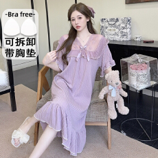 批发果子狸 6535提花<b class='q'>睡衣</b>女夏公主风带胸垫中长睡裙<b class='q'>大码</b>220斤胖M家居