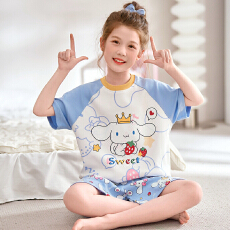 批发果子狸 夏季短袖短裤圆领儿童<b class='q'>睡衣</b>女可爱卡通舒适纯棉家居服