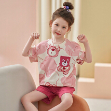 批发果子狸 夏季短袖短裤圆领儿童<b class='q'>睡衣</b>女可爱卡通舒适纯棉家居服
