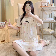 批发果子狸 短袖睡裙中长款睡衣女夏季仿棉皱布休闲甜美爆款少女连衣