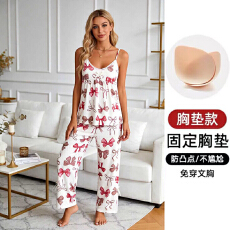果子狸 夏季吊带胸垫长裤睡衣女可爱甜美薄款仿棉家居服套装