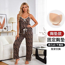 果子狸 夏季吊带胸垫长裤睡衣女可爱甜美薄款仿棉家居服套装