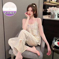 果子狸 夏季吊带胸垫长裤睡衣女可爱甜美薄款仿棉家居服套装