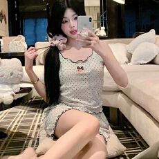批发果子狸 夏季网红爆款木耳边背心短裤睡衣女士螺纹冰丝卡通夏天<b class='q'>家</b>
