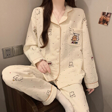 果子狸 空气棉夹层睡衣女款秋冬季长袖长裤可爱卡通学生保暖加厚