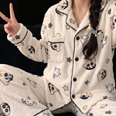 批发果子狸 冬季新款开衫法兰绒睡衣女可爱甜美卡通舒适保暖家居服