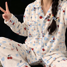 批发果子狸 冬季新款开衫法兰绒睡衣女可爱甜美卡通舒适保暖家居服